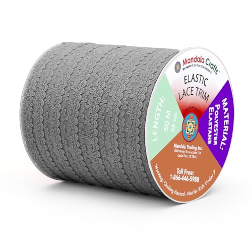 Mandala Crafts Charcoal Stretch Lace Soft Elastic Trim Roll - 55 Yards 1 Inch Wide Stretchy Frilly Picot Ribbon for Sewing Lingerie, Headbands, Underwear, and Crafts - color: Charcoal