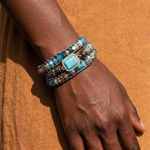 YGLINE Boho Handmade Wrap Leather Tube Crystal Stone Bracelet for Women - color: 3 wrap-blue