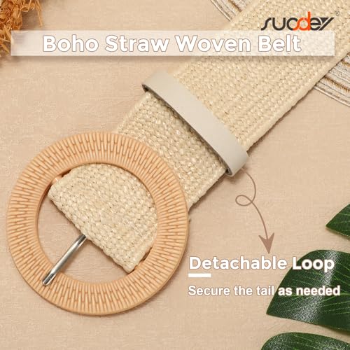 SUOSDEY Straw Woven stretchy Waist Belt for Women Dresses,Wide Boho Braided Elastic Belt with Round Buckle - color: 05-beige, size: Fits waist from 24"-27"