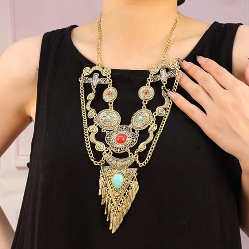 Bethynas Bohemian Ethnic Tribal Chunky Necklace Multilayer Long Tassel Turquoise Statement Neck Chain Retro Coin Gemstone Exaggerated Costume Accessories for Women - color: B-Gold