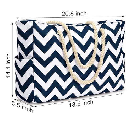 Becokan Beach Bag Large Beach Tote Bag for Women Waterproof Sandproof Swim Pool Bag With Zipper - color: Dark Blue Wave