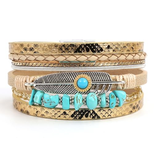 Long tiantian Boho Leather Wrap Bracelets Western Bracelets for Women Stackable Starfish Crystal Pearl Turquoise Leather Bracelet With Clasp Jewelry Gifts Boho Dresses - color: A2:Gold Bracelet