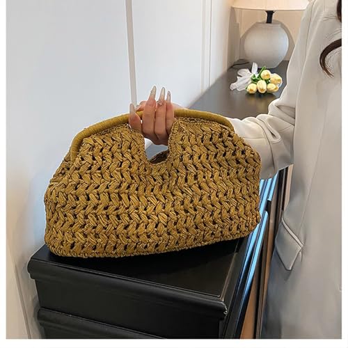 Women's handmade woven handbag beach vacation handbag straw crossbody bag - color: Ginger Yellow