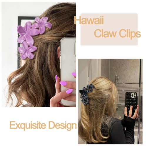 4Pcs Hawaiian Flower Claw Hair Clips for Women Cute Purple Large Claw Clips for Thick Thin Hair Black Plumeria Beach Hair Accessories for Women and Girls - color: 10-Colorful