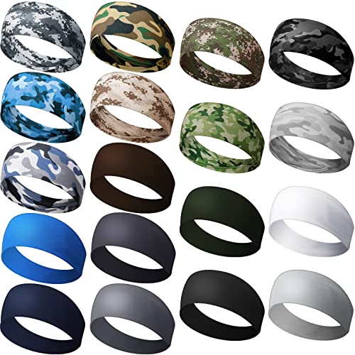 18 Pcs Sports Sweatbands for Men Women Camo Headbands Workout Non Slip Headbands Breathable Head Band Fitness Stretchy Unisex Hairband for Yoga Running Cycling Ball - color: Colorful
