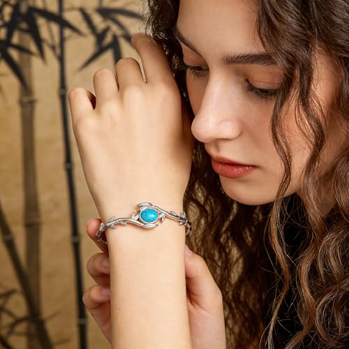 Genuine Turquoise Bracelet Cuff Bracelet for Women Mom 925 Sterling Silver Natural Turquoise Bangles Vintage Bracelet Boho Jewelry for Birthday Christmas Mother's Day Valentine's Day - style: Bamboo