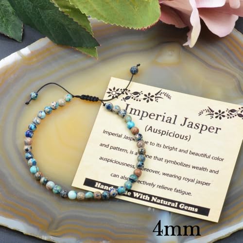 468Handmade Adjustable Natural Gemstone Crystal Bracelet Healing Power Energy Inspirational Gifts with Card for Unisex - color: 11-Imperial Jasper (Auspicious), size: 4mm