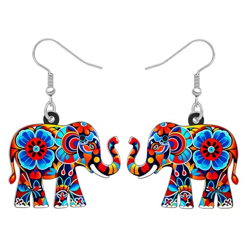 BONSNY Colorful Acrylic Elephant Dangle Earrings Bohemian Tribal Floral Design Boho Jewelry Gifts for Women Funny Novelty Hypoallergenic Spring Summer Gifts Accessories - color: Colorful
