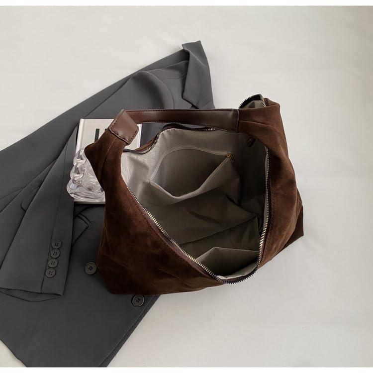 Women’s Trendy Suede Tote Bag Shoulder Bags For Women Fall Underarm Bag Winter Hobo Bag Work Purses Suede Travel Handbag - color: Brown