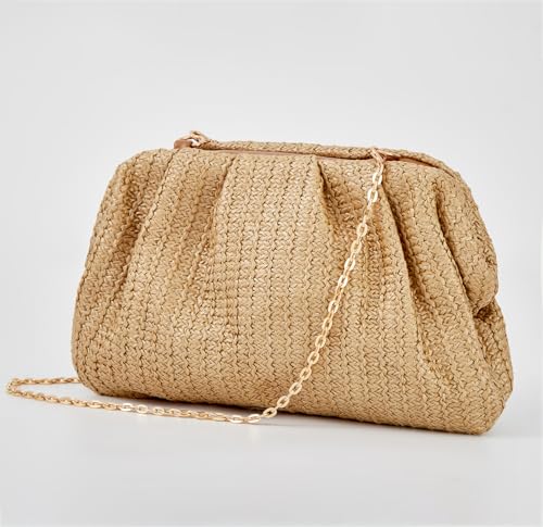 Huralona Women Straw Woven Clutch Purse Pleated Handbag for Summer Beach Vacation Straw Shoulder Crossbody Bag - color: Khaki
