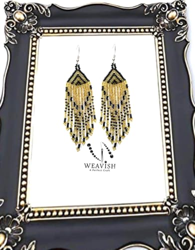 Long Beaded Dangle Earrings – Boho Native Handmade Seed Bead Tassel Bohemian Large Statement Drop Fringes for Women - color: Golden, Black