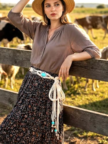 Fstrend Women's Woven Waist Belt Chain,Turquoise Braided Belts with Wooden Beads,Adjustable Belly Accessory for Dress (D) - color: A