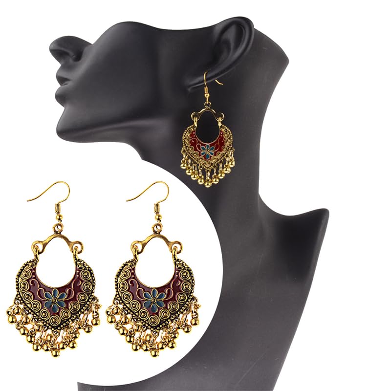 Vintage Boho Statement Drop Dangle Earrings for Women Bohemian Ethnic Handmade Beaded Charms Earring Bohemian Retro Chandelier Tassel Earrings Mexico Gypsy Jewelry Gift - color: Gold-Red