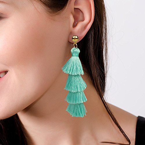 BaubleStar Tassel Earrings Handmade Tiered Thread Tassel Dangle Earrings, Multi Colors - color: Turquoise