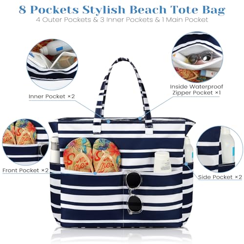 Trifabricy Beach Bags for Women Waterproof Sandproof Women Tote Bag, Large Beach Bag with Zipper for Gym Travel Vocation - color: Navy Blue