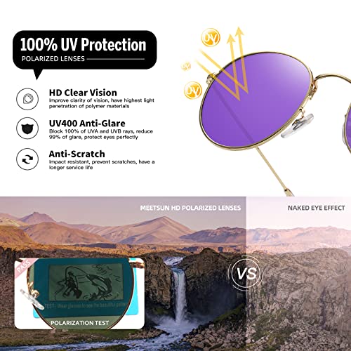 MEETSUN Round Polarized Sunglasses for Women Men Classic Retro Metal Frame Sun Glasses UV Protection - color: Gold/Purple