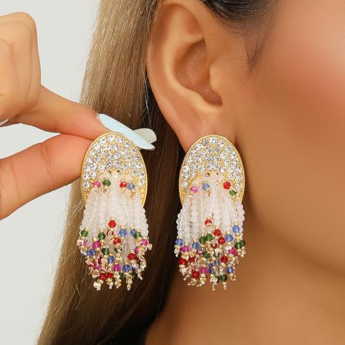 Crystal Beaded Tassel Drop Earrings, Rhinestone Gold Tone, Bohemian Dangle Statement Jewelry for Women