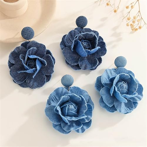 coadipress Boho Denim Camellia Flower Dangle Earrings for Women Exaggerated Big Layered Tiered Blossom Floral Drop Long Earring Chic Statement Earrings Wedding Bridal Jewelry Gifts - style: Flower Light Blue