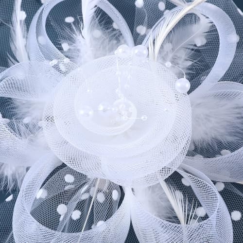 Fascinators Hat Pearl Earrings Necklace Bracelets Gloves 1920s Headband Hair Clips Women Flower Mesh Feather Headpiece Headwear Halloween Carnival Cocktail Wedding Tea Party Accessories White - color: White