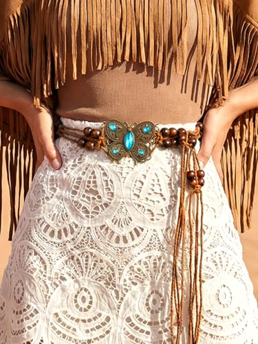 Fstrend Women's Woven Waist Belt Chain,Turquoise Braided Belts with Wooden Beads,Adjustable Belly Accessory for Dress (D) - color: D