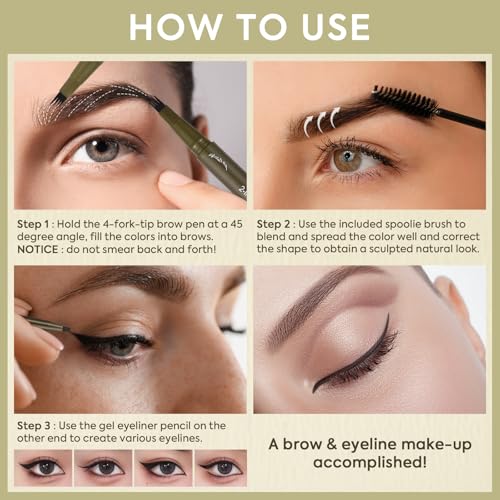 UCANBE Eyebrow Pencils for Women with Spoolie Brush, Dual-Ended Eyebrow Pen with 4-Fork-Tip & Gel Eyeliner, Microblading Brow Pen with Eyeliner Pencil + Brow Brush for Hair Like Brows, Classic Brown - color: Classic Brown with Brow Brush