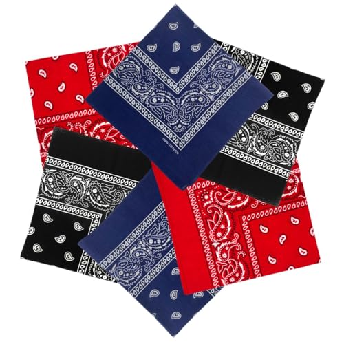 MDSTYLE 6 Pack 100% Cotton Bandanas 22” x 22" for Men & Women Paisley Handkerchief Headband Scarf Bandana - color: Navy Blue X2, Black X2, Red X2