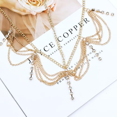 Dizila 8 Pieces Gold Head Chains with Leaf Bead Rhinestone Tassel Festival Prom Wedding Bridal Jewelry Boho Headbands Forehead Chains Headwear Headpieces for Women Girls