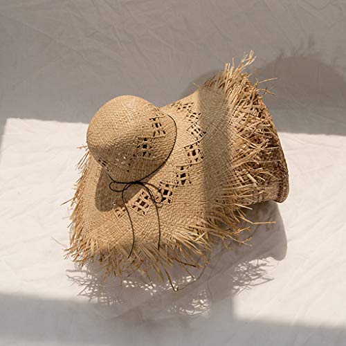 Sun Hat Women Raffia Straw for Sun Hat Big Brim Floppy Fringe Hollow Sunscreen Bucket