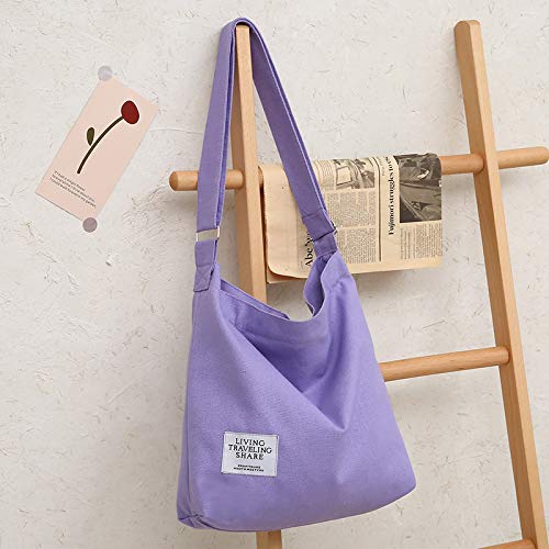 Covelin Women's Retro Large Size Canvas Shoulder Bag Hobo Crossbody Handbag Casual Tote - color: Light Purple