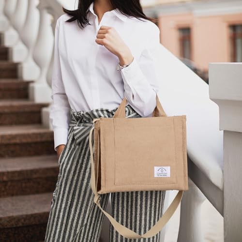 WantGor Tote Bag for Women, Corduroy Crossbody Bags Shoulder Handbag Small Satchel Hobo Bag Purse - color: Khaki