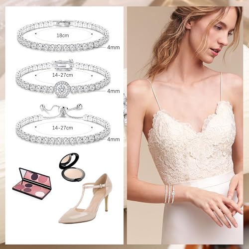 YADOCA Tennis Bracelets For Women - Silver Plated Bracelet Stack Cubic Zirconia CZ Diamond Adjustable Stackable Bracelets Set For Prom Wedding Jewelry Gift 3Pcs - style: D:Round CZ-2
