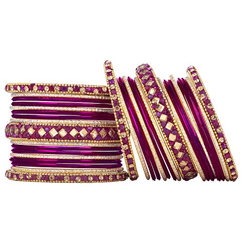 Aheli Ethnic Colorful Metal Bangles Chudha Set Stone Studded Bangle Set Indian Wedding Wear Fashion Jewelry Gift for Women Blue - color: Rani Pink