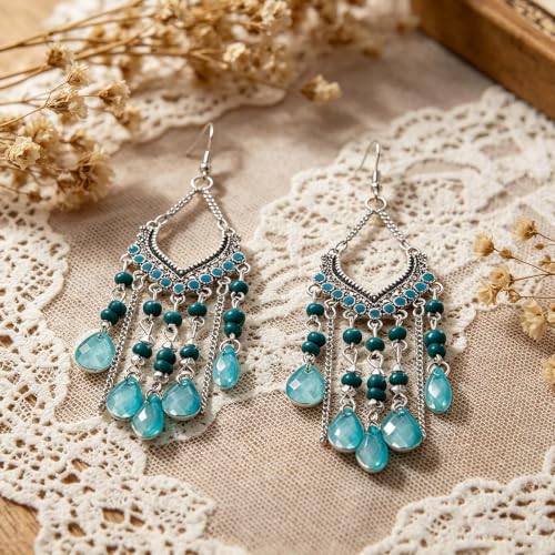 Boho Turquoise Drop Earrings Retro Long Copper Feather Tasse Metal Leaf Dangle Earrings Vintage Country Western Jewelry Cowgirl Ethnic Style Geometric Concert Festival Accessories for Women - color: Blue