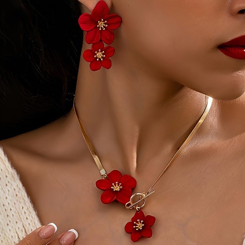 Vintage Flower Necklace Earring Set Gold Snake Chain Necklace Bohemian Large Double Flower Choker Necklaces Hypoallergenic Statement Flower Stud Earrings Elegant Bridal Wedding Summer Beach Jewelry - color: Red