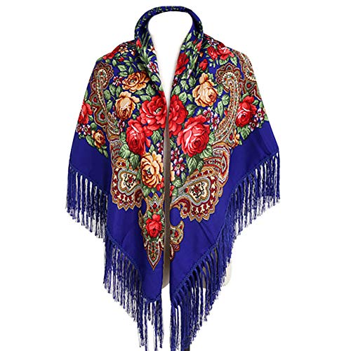 Gudessly Women's Traditional Scarf Wrap Tassel Fringes Neck Head Shawl Retro Scarf Floral Poncho Printing Square Cape 50inch - color: Royalblue