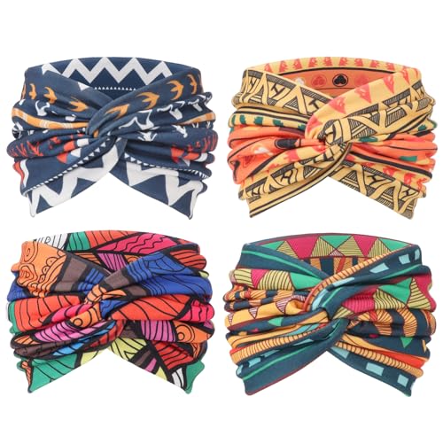 AQOKKA Extra Wide Headbands for Women Large Turban Headband Non Slip Boho Elastic Hairband Hair Twisted Knot Head Bands Accessories - color: 4 Pcs: African Print A
