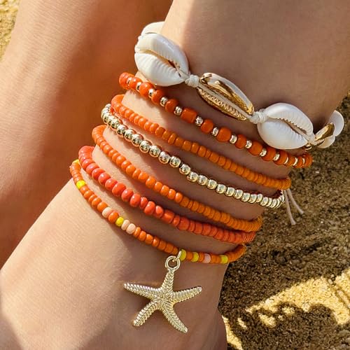 Shell Anklets Bracelet for Women Waterproof Surfer Starfish Bracelet Puka Shell Anklet Colorful Boho Stack Stretch Bead Bracelet Set Hawaii Summer Beach Vacation Foot Jewelry - color: Orange