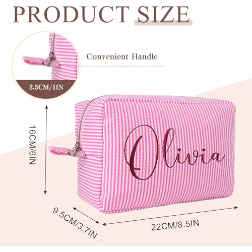 Personalized Makeup Bag Pouch with Embroidered Name for Women Girls Bride | Cute Small Seersucker Custom Monogrammed Initial Cosmetic Toiletry Bag with Zip for Travel Bridesmaid