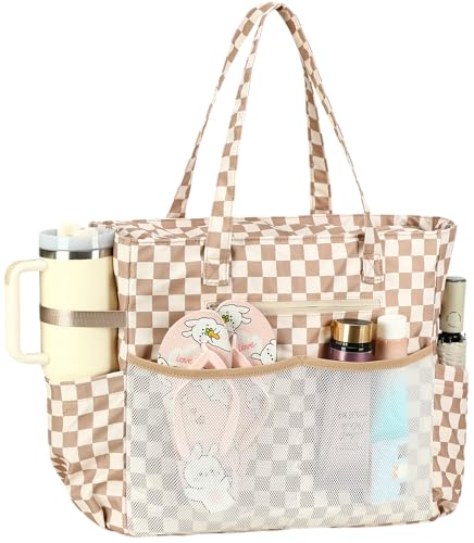 Bluboon Waterproof Beach Tote Pool Bags for Women Ladies Extra Large Carry On Bag With Wet Compartment for Weekender Travel - color: Dark Brown Checkered