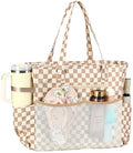 Bluboon Waterproof Beach Tote Pool Bags for Women Ladies Extra Large Carry On Bag With Wet Compartment for Weekender Travel - color: Dark Brown Checkered