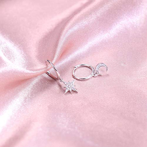 MILACOLATO 925 Sterling Silver Hoop Earrings for Women 18K Gold/Rhodium Plated Drop Dangle Hoop Earrings with Charms Cross Spike Moon Star Paperclip Link Statement Earrings Convertible Link Huggie Earrings Hypoallergenic - color: Silver Tone : Moon Star E