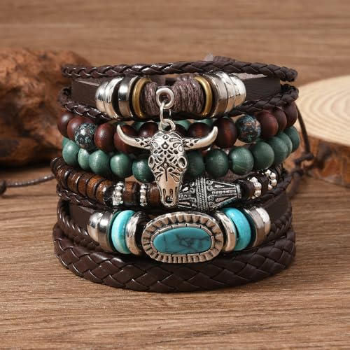 Turquoise Leather Western Bracelets for Women Men Bohemian Retro Turquoise Wrap Bracelets Exquisite Layered Stacked Cowboy Cowgirl Bracelet Western Country Concert Outfits Leather Cuff Bracelet for Women - style: Bull Head