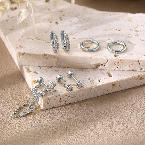 7Pcs Earring Stacks Cartilage Helix Flat Back Hoop Set For Women Stud Small Huggie Chain Multiple Piercing 14K Gold Plated Jewelry Triple Cubic Zirconia - color: Silver, size: Flat Back