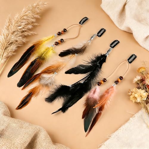 8Pcs Feather Hair Clips bohemian Hippie hair Extensions gypsy hair accessories Indian Tassel Feathers Beads for Festival Headwear Halloween Cosplay Carnival Party (Mix Colors)