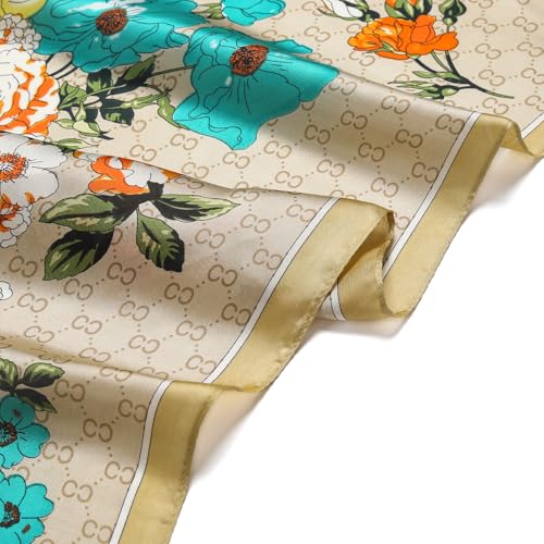 Stlvoll 27.5" Silk Neck Scarf of Women's Fashion Head Scarf Square Neck Satin Scarfs for Bag Hair Scarves Gift - color: Flower/Khaki/Yellow