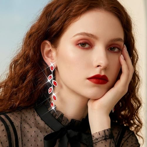 Catery Crystal Wedding Earrings Rhinestones Dangling Earrings Leaf Bridal Ear Jewelry for Brides and Women - color: Red