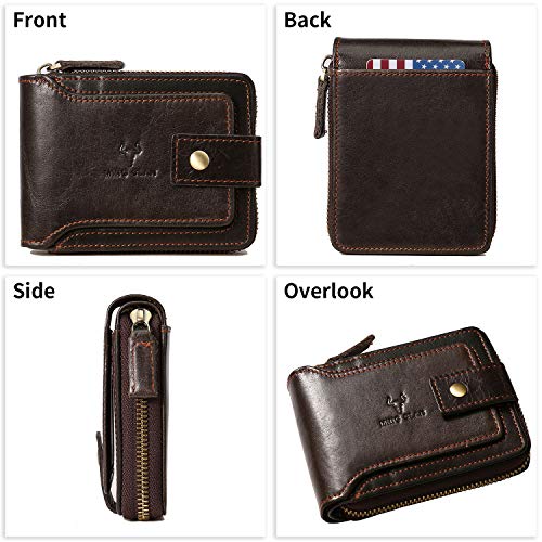 MING CLAN Leather RFID Blocking Bifold Wallet For Men With Zipper, Flap ID Window Zip Coin Pocket, Big Capacity Credit Card Holder For Travel - color: Coffee