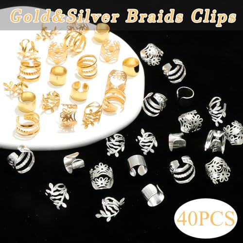 40PCS Hair Jewelry for Braids Gold&Silver Hair Cuffs Adjustable Braid Jewelry Non-Piercing Ear Clips Multi Style Loc Dreadlock Accessories for Women and Girls - color: Gold&Silver