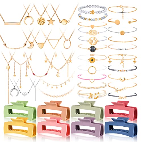 49 Pcs Boho Jewelry Set for Women, Surfer Wave Friendship Bracelets Layered Necklace Hair Clip, Summer Beach Gift - style: Elegant