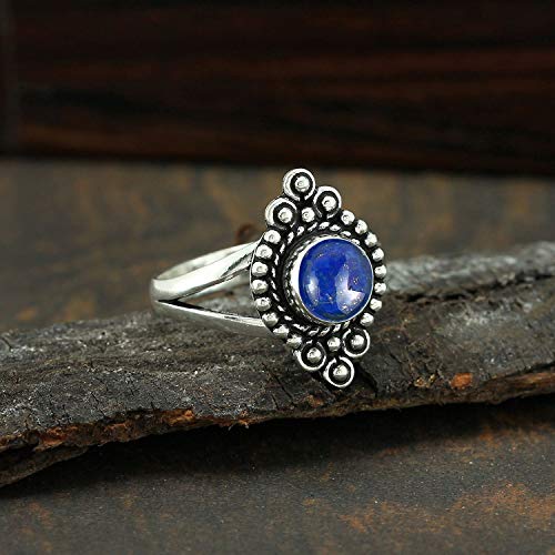 Round Shape Natural Gemstone Vintage Style Handmade Rings for Women - 925 Silver Overlay Handmade Birthstone Ring Jewelry Gift for Her Mom Wife Sister - color: Lapis Lazuli